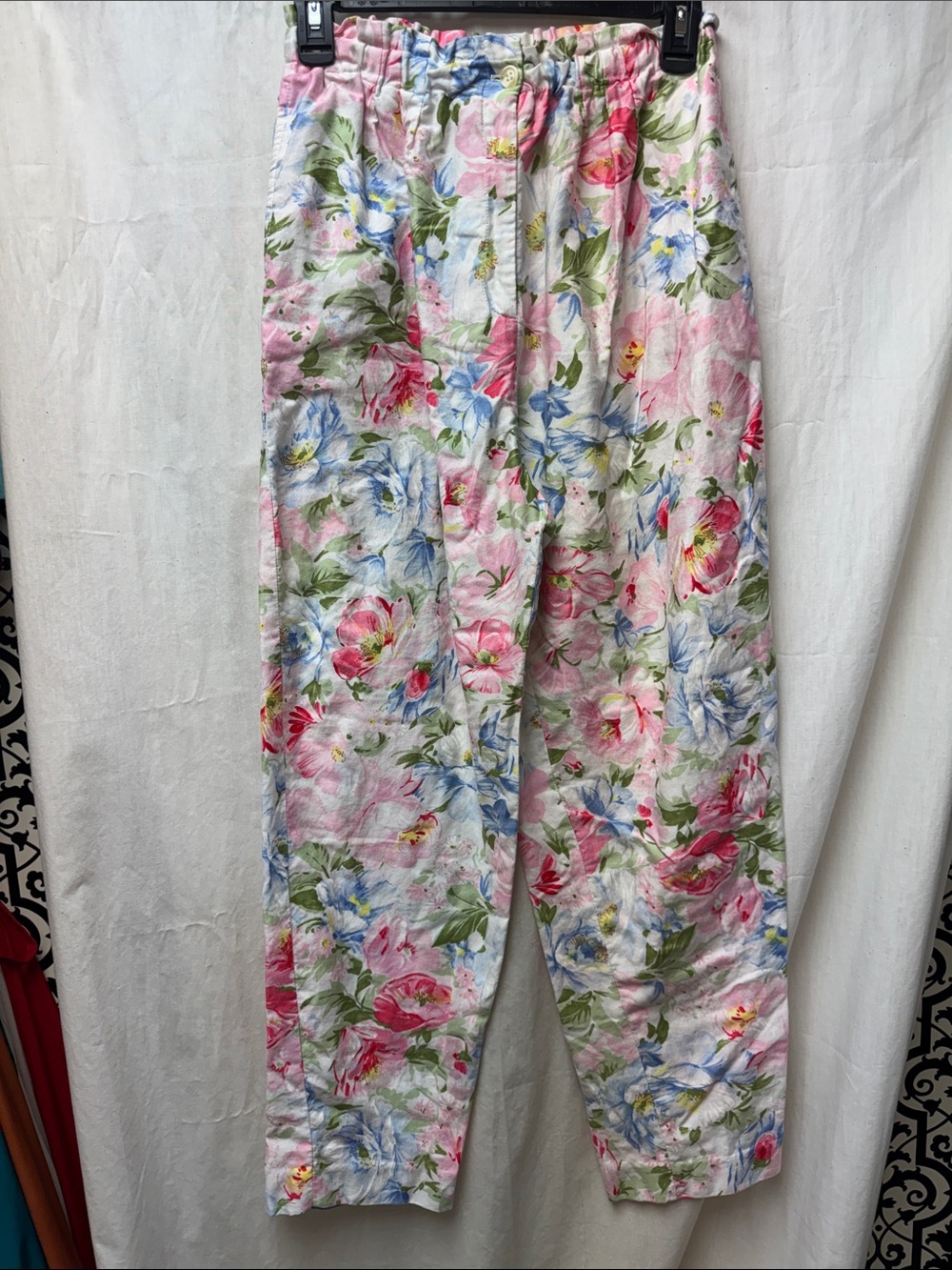 Vintage Talbots Floral Elastic-Waist Pants - Pink, Blue & Green